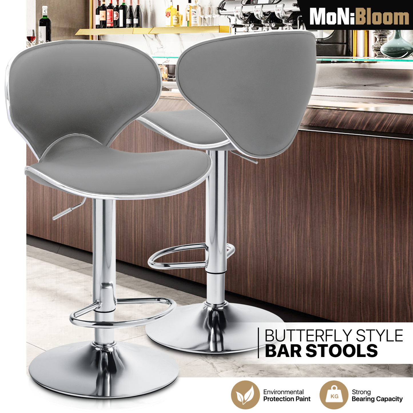Set of 2 Leather Swivel Bar Stool Modern Adjustable Kitchen Counter Height Chair