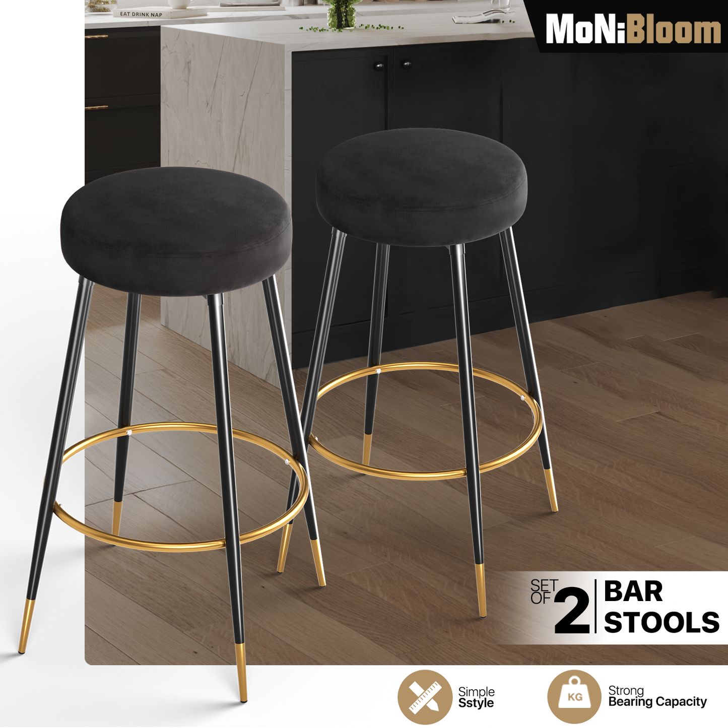Set of 2 Velvet Counter Bar Stools Upholstered Round Backless Seat - 29.5"H