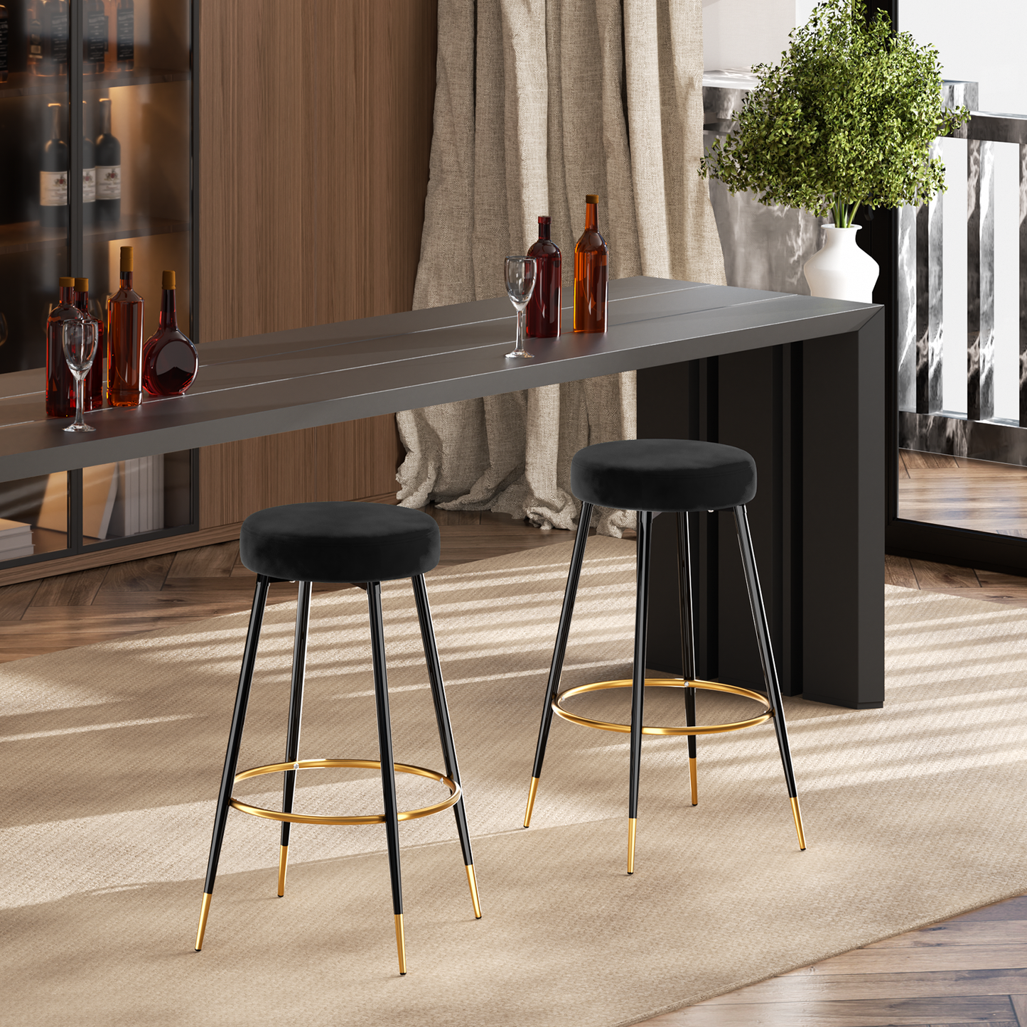 Set of 2 Velvet Counter Bar Stools Upholstered Round Backless Seat - 29.5"H