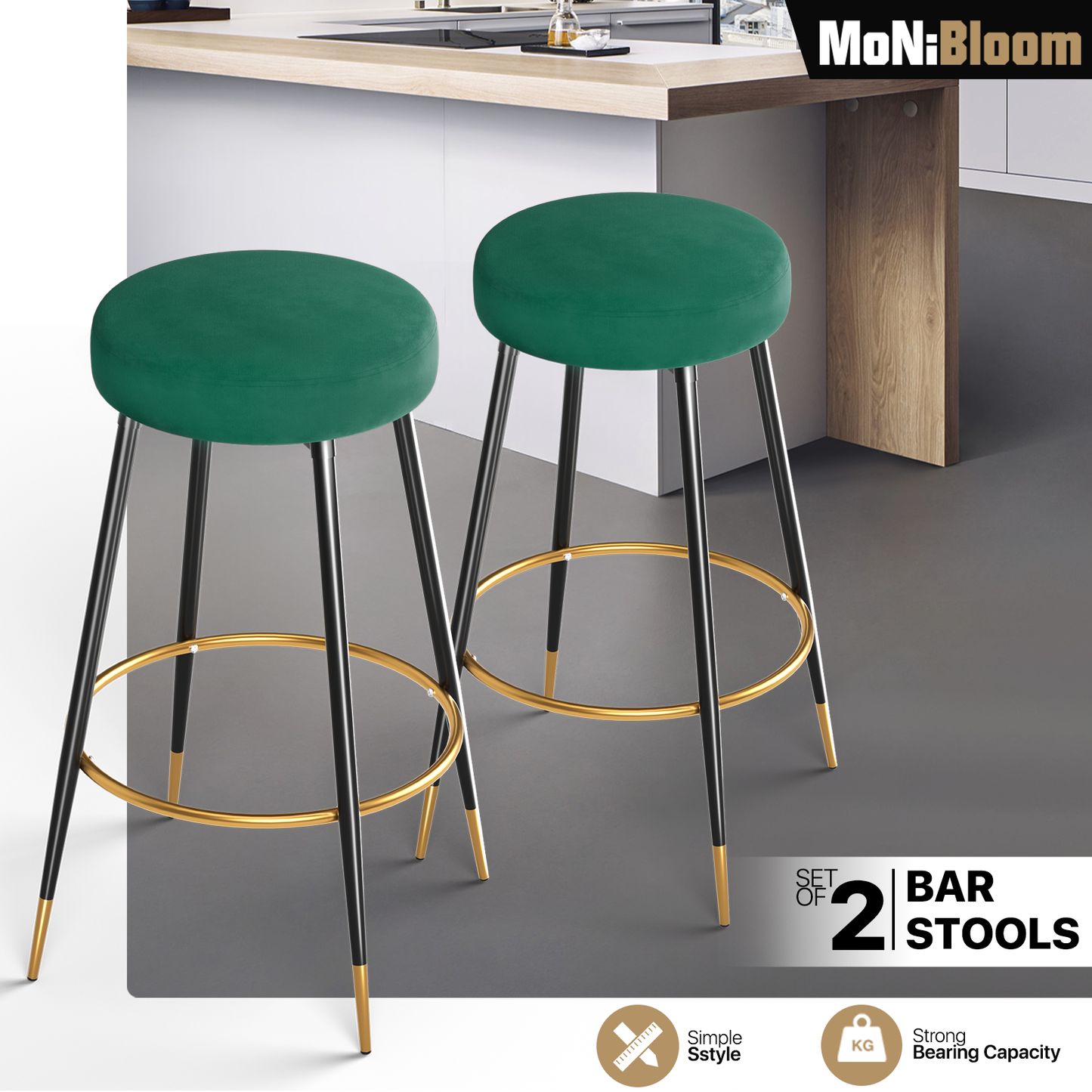 Set of 2 Velvet Counter Bar Stools Upholstered Round Backless Seat - 29.5"H