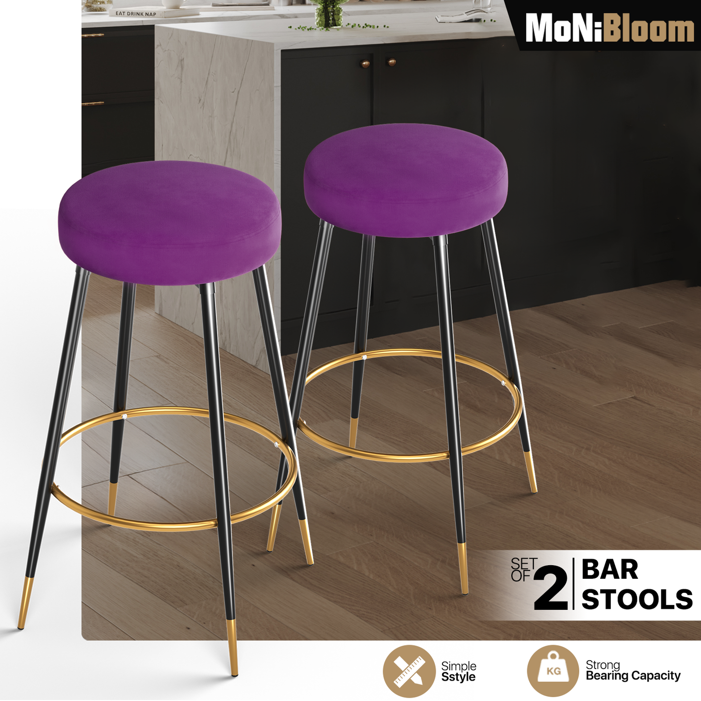 Set of 2 Velvet Counter Bar Stools Upholstered Round Backless Seat - 29.5"H