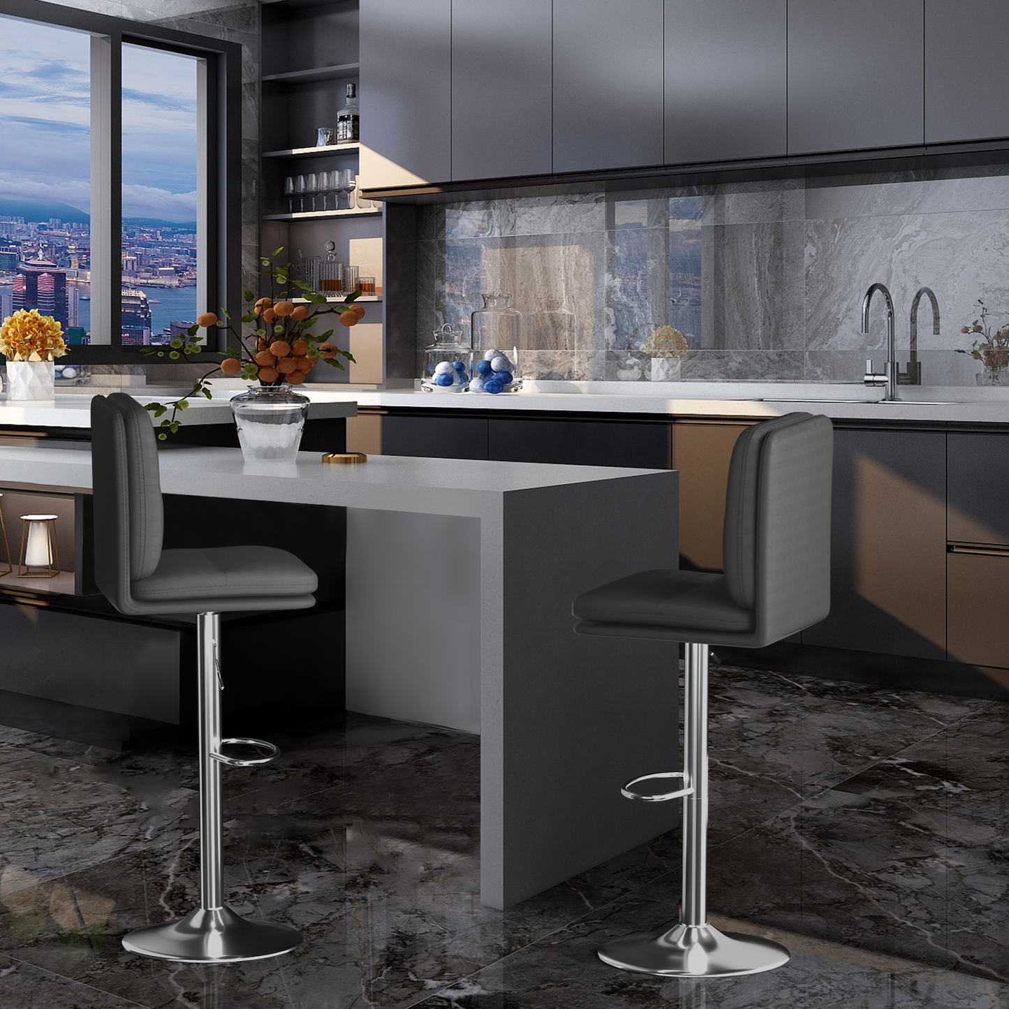 2 Pcs Adjustable Leather Bar Stool Swivel Counter Height Seat Dining Chair