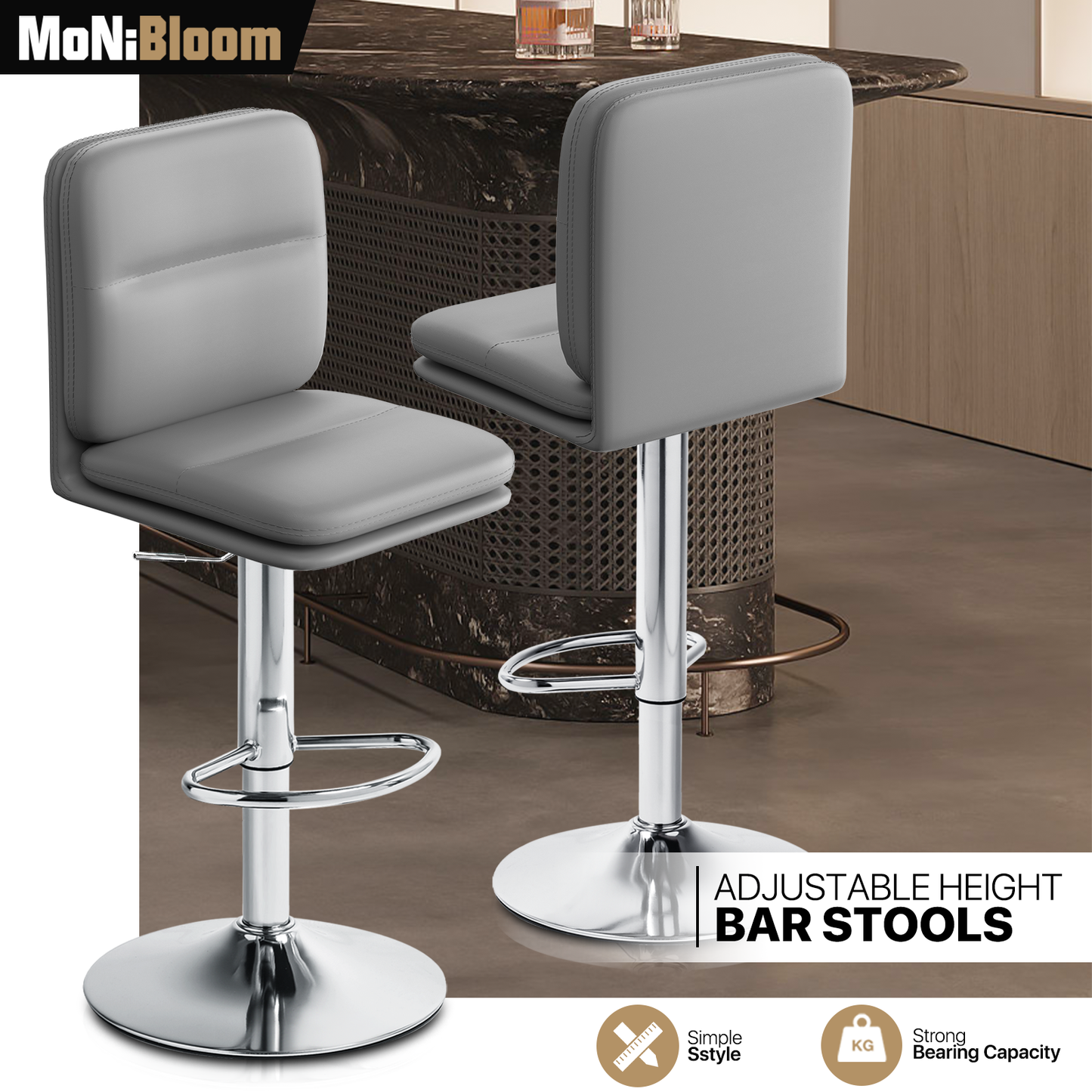 2 Pcs Adjustable Leather Bar Stool Swivel Counter Height Seat Dining Chair