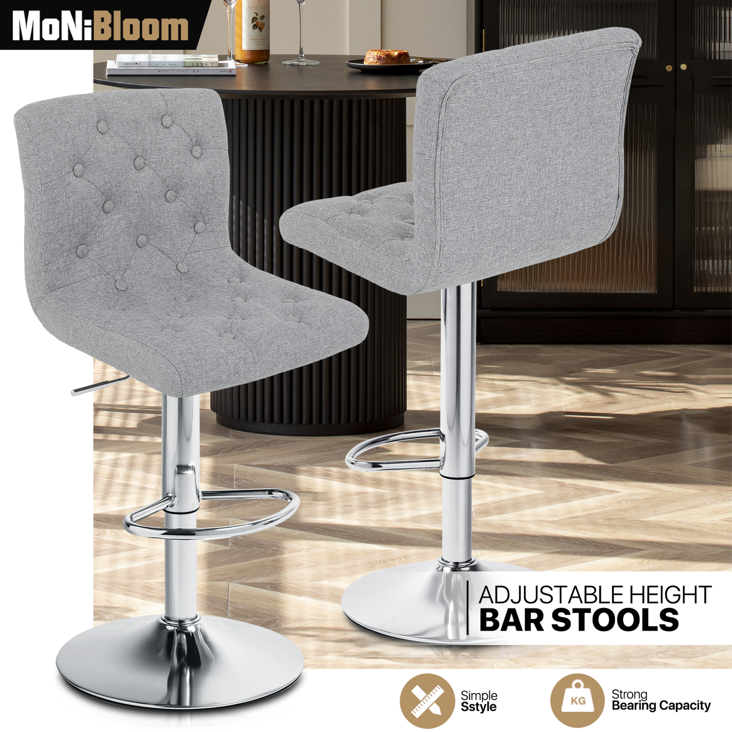 Set of 2 Adjustable 360 Degree Swivel Backrest Fabric Bar Stools Button-Tufted
