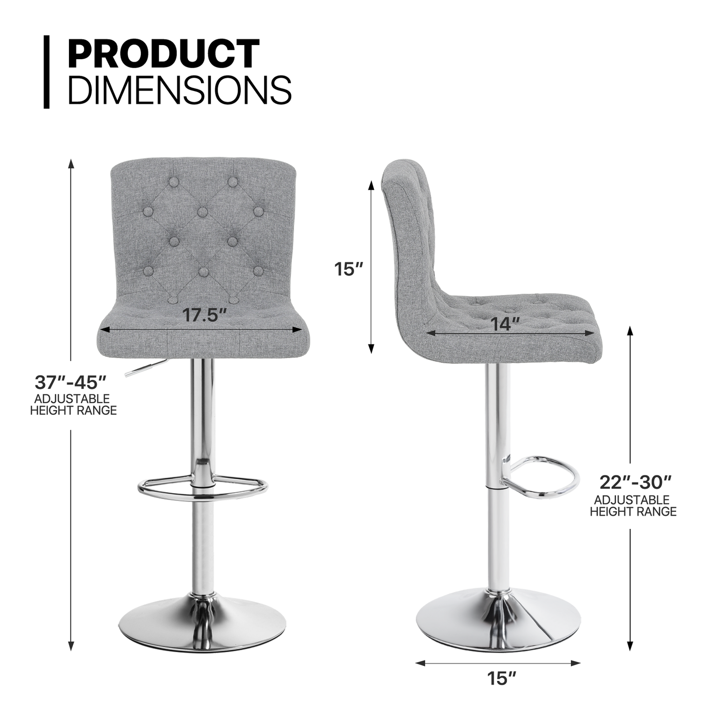 Set of 2 Adjustable 360 Degree Swivel Backrest Fabric Bar Stools Button-Tufted