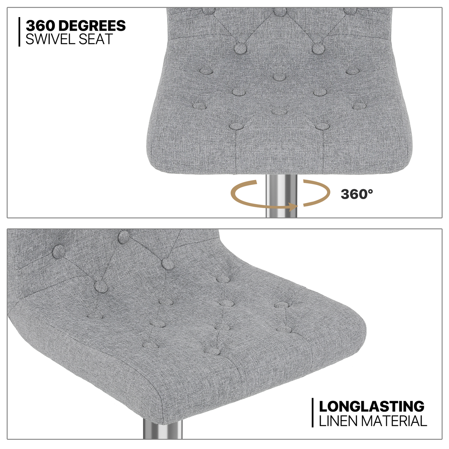Set of 2 Adjustable 360 Degree Swivel Backrest Fabric Bar Stools Button-Tufted