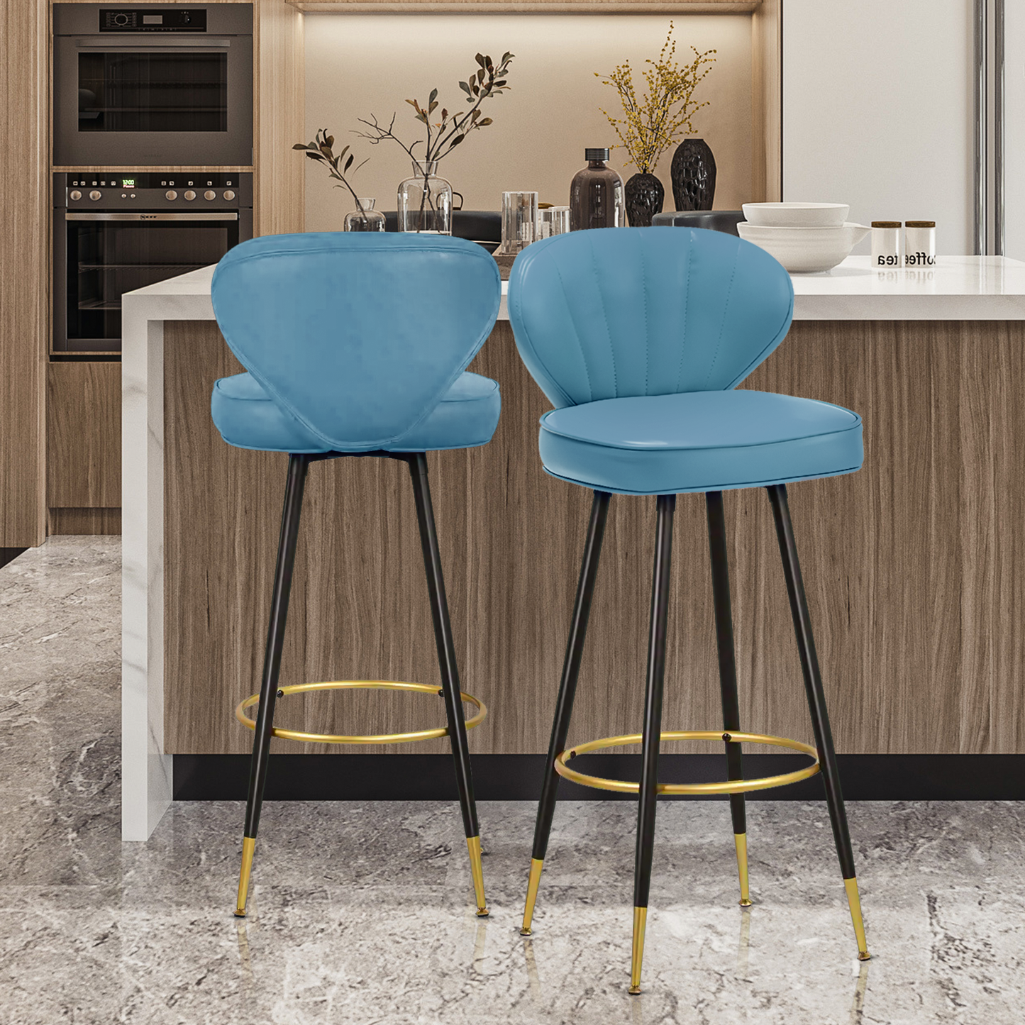 2 Pcs Faux Leather Upholstered Backrest Bar Stools Counter Height Chair - 30" H