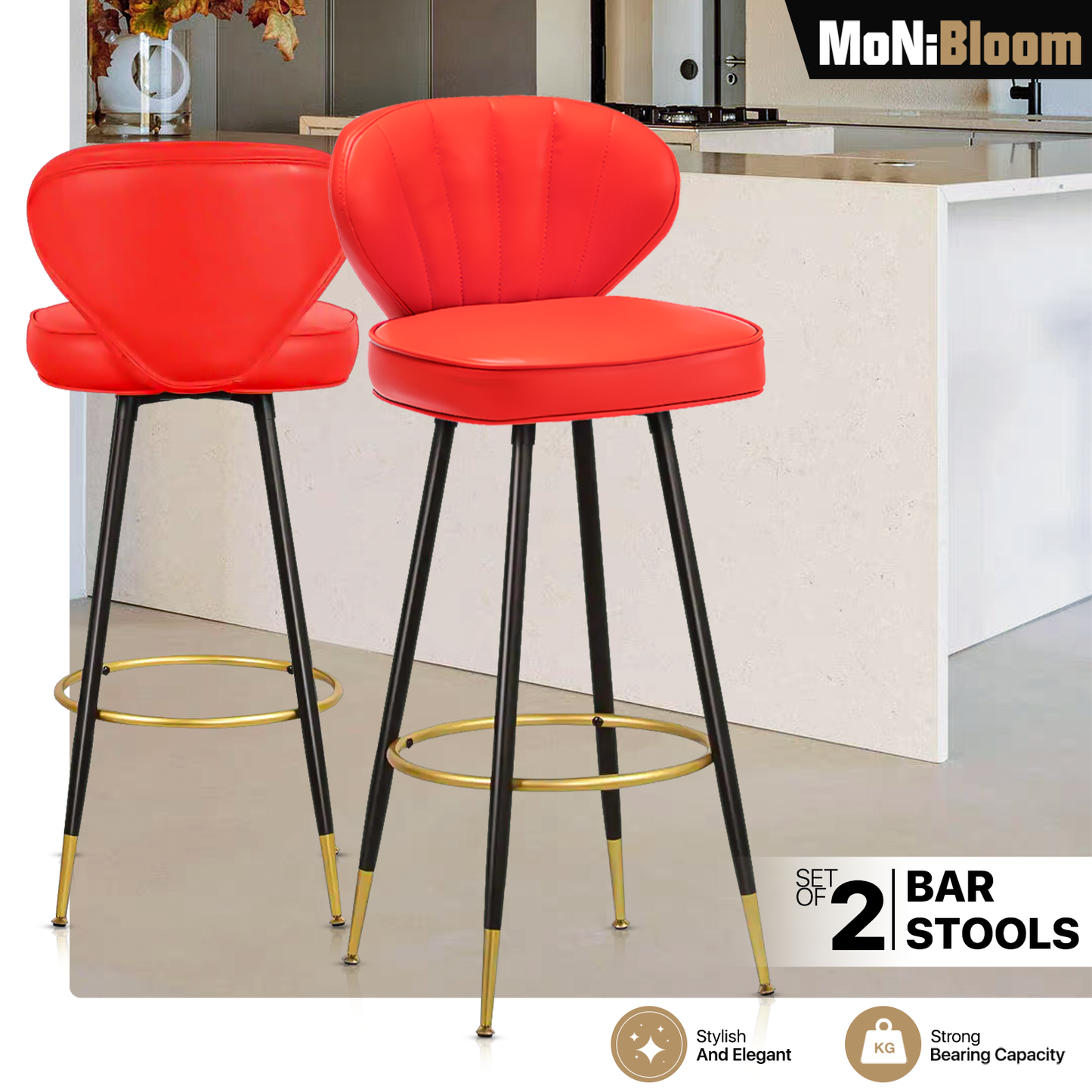 2 Pcs Faux Leather Upholstered Backrest Bar Stools Counter Height Chair - 30" H
