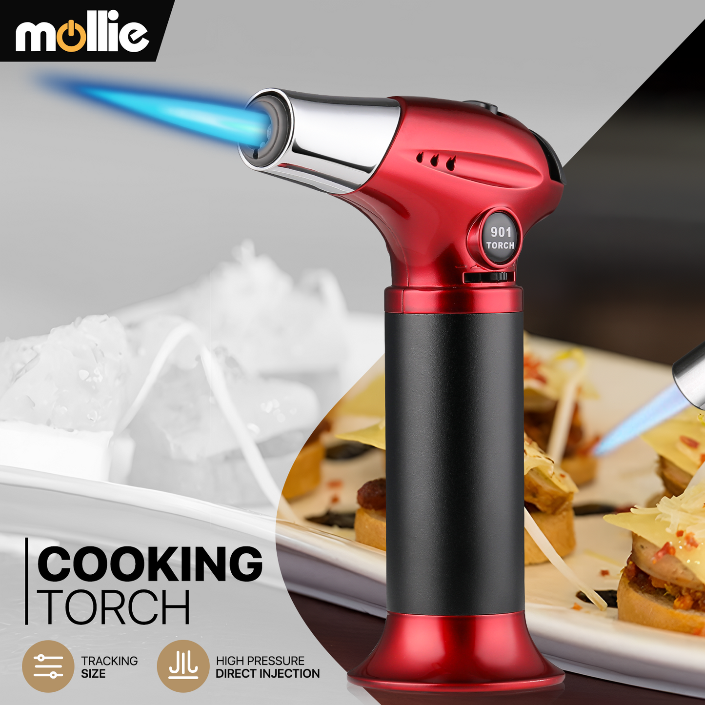 Butane Torch Lighter - Adjustable Flame Length+Safe Lock - w/Continuous Flame Mode