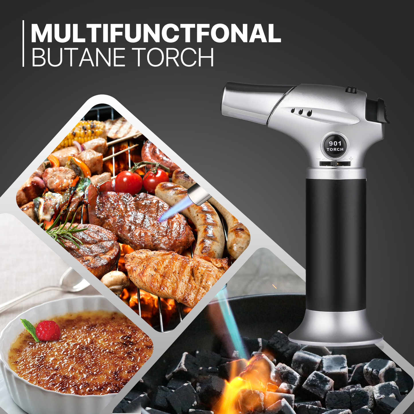 Butane Torch Lighter - Adjustable Flame Length+Safe Lock - w/Continuous Flame Mode