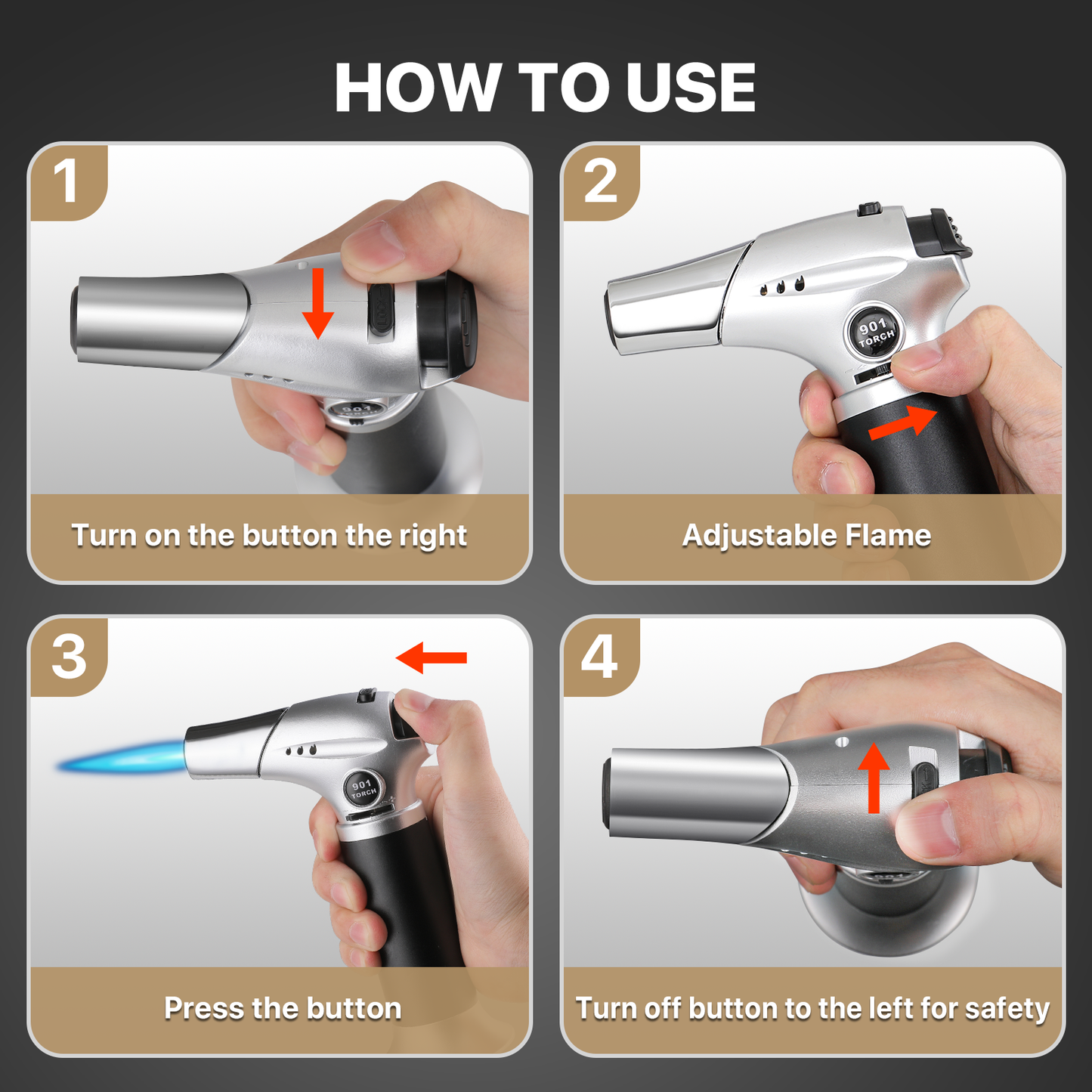 Butane Torch Lighter - Adjustable Flame Length+Safe Lock - w/Continuous Flame Mode