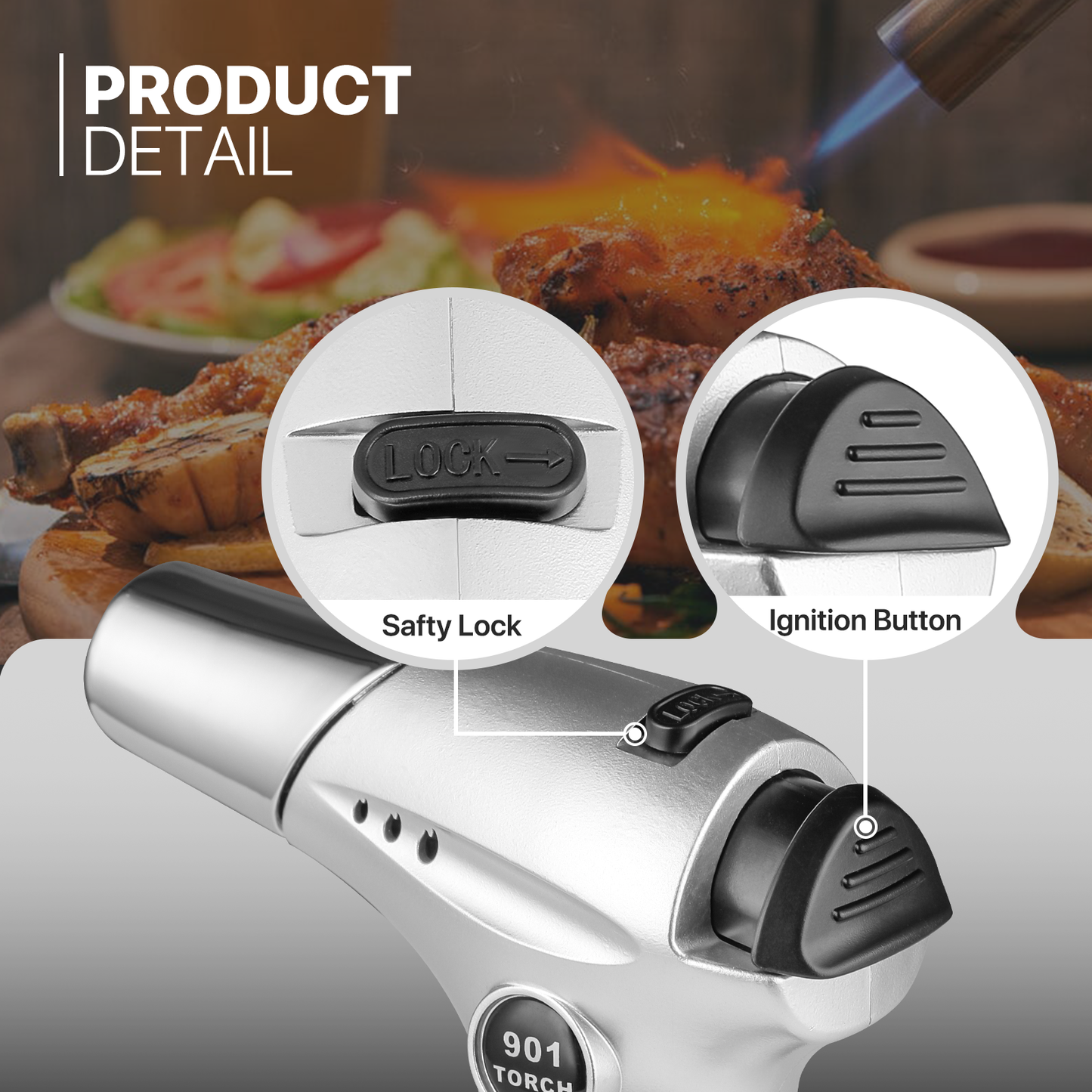 Butane Torch Lighter - Adjustable Flame Length+Safe Lock - w/Continuous Flame Mode