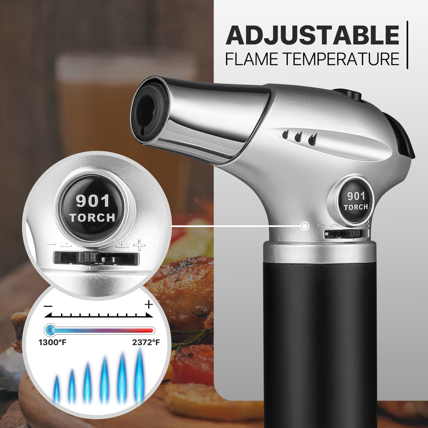 Butane Torch Lighter - Adjustable Flame Length+Safe Lock - w/Continuous Flame Mode