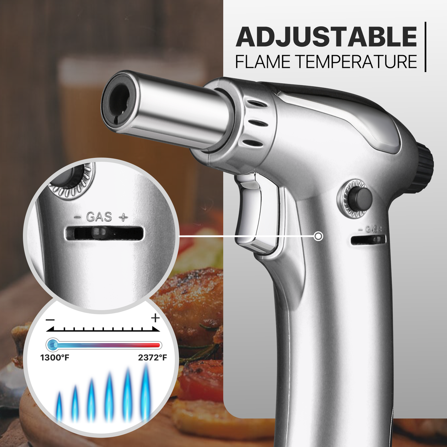 Butane Torch Lighter - Adjustable Flame Length+Safe Lock - w/Continuous Flame Mode