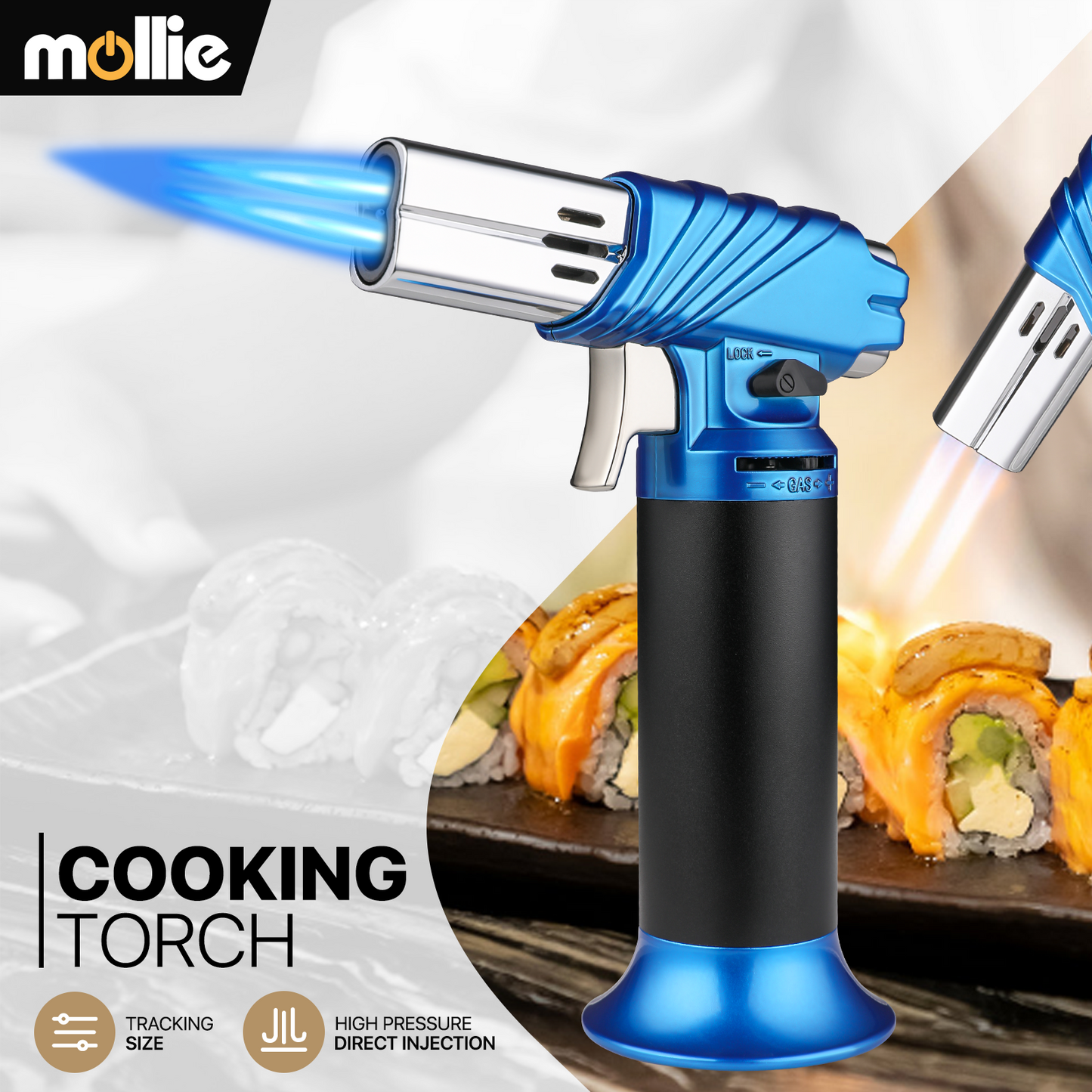 Butane Torch Lighter - Adjustable Flame Length+Safe Lock - w/Continuous Flame Mode