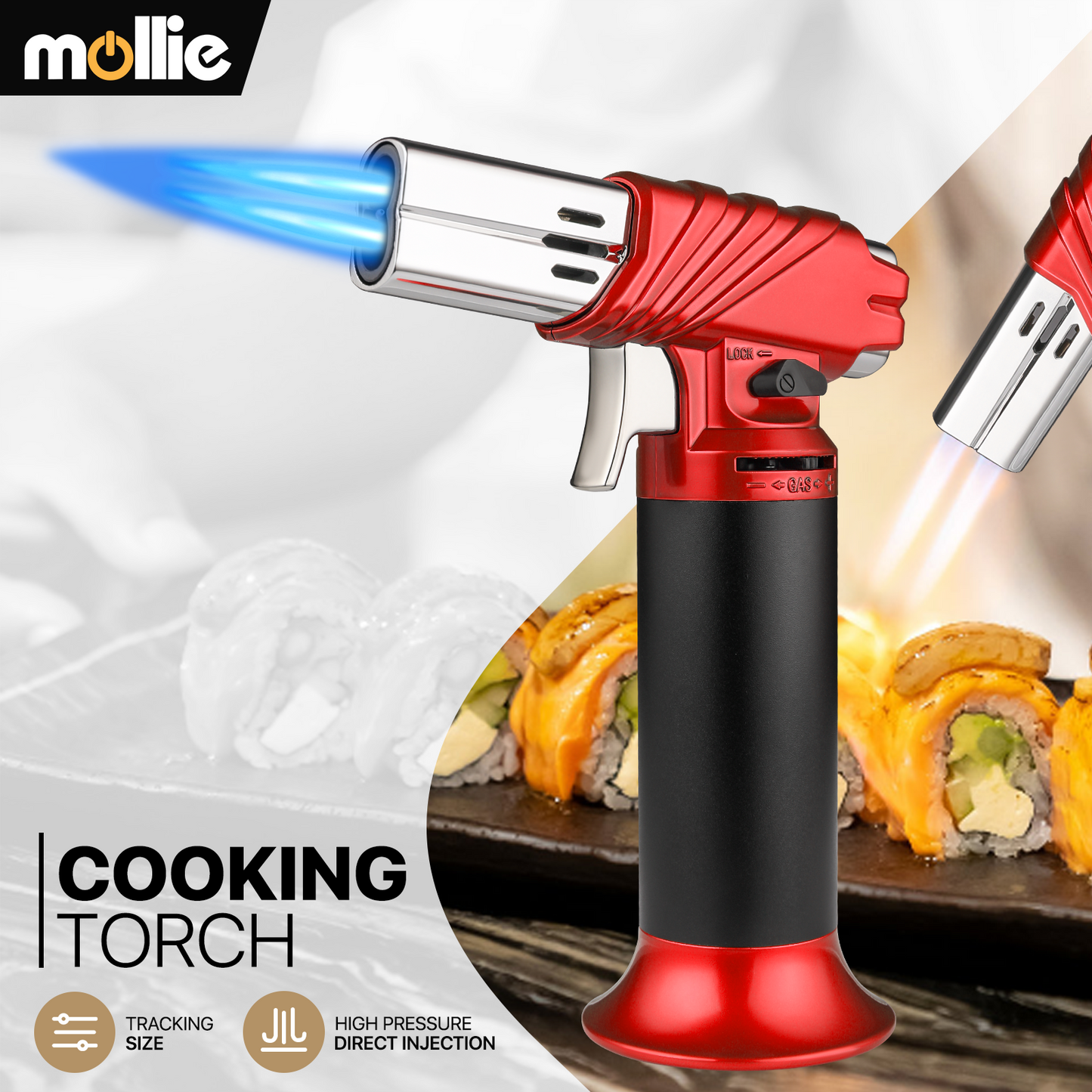 Butane Torch Lighter - Adjustable Flame Length+Safe Lock - w/Continuous Flame Mode