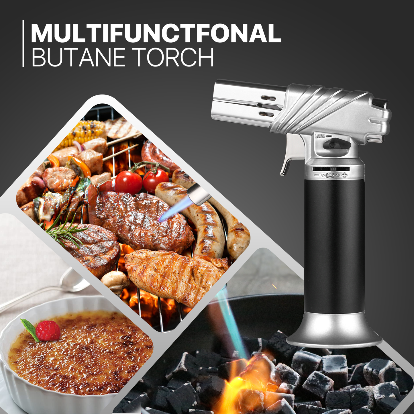 Butane Torch Lighter - Adjustable Flame Length+Safe Lock - w/Continuous Flame Mode