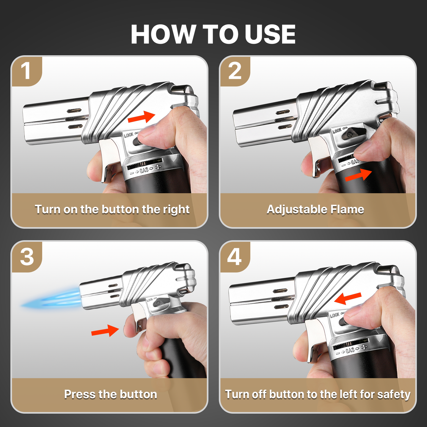 Butane Torch Lighter - Adjustable Flame Length+Safe Lock - w/Continuous Flame Mode