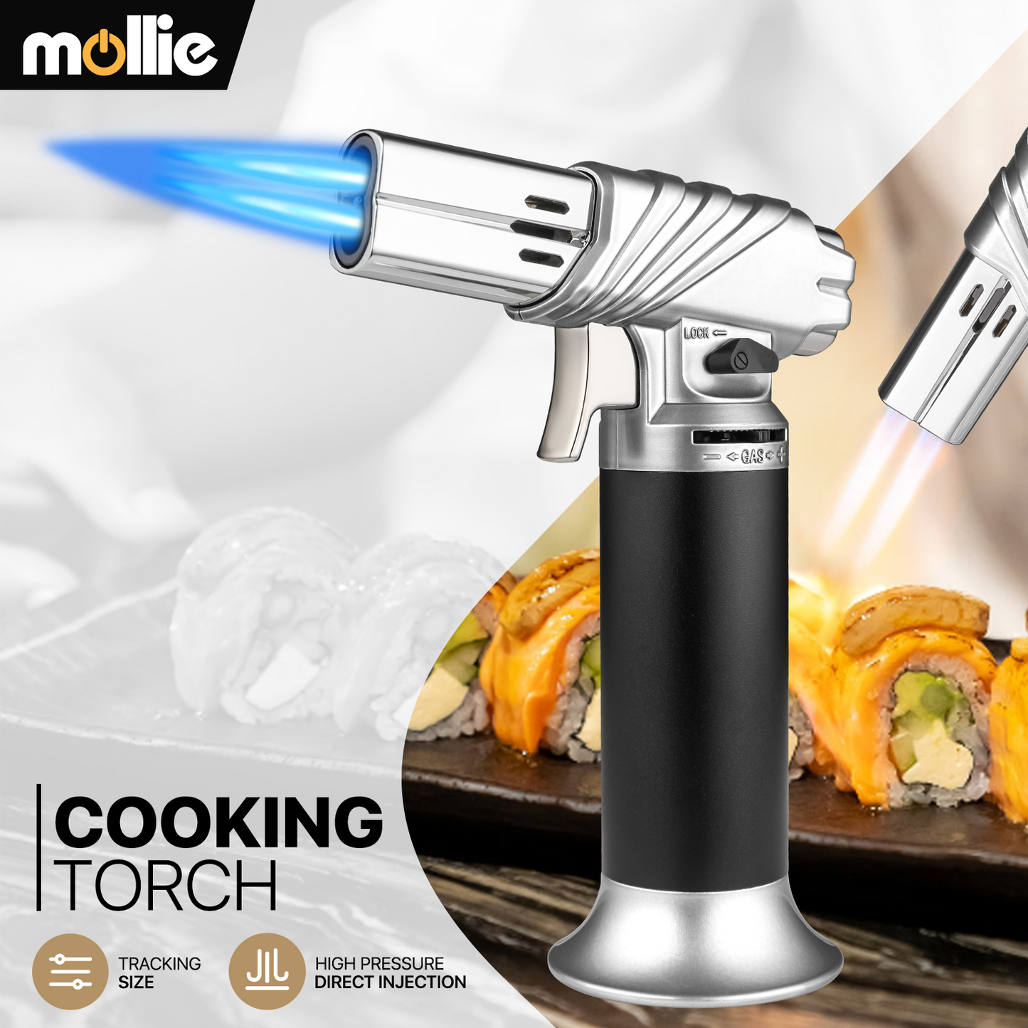 Butane Torch Lighter - Adjustable Flame Length+Safe Lock - w/Continuous Flame Mode