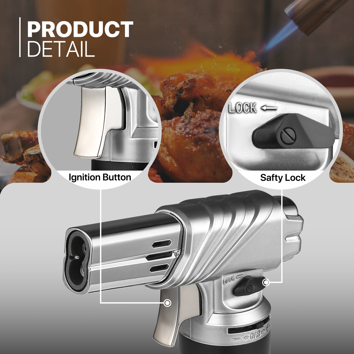 Butane Torch Lighter - Adjustable Flame Length+Safe Lock - w/Continuous Flame Mode