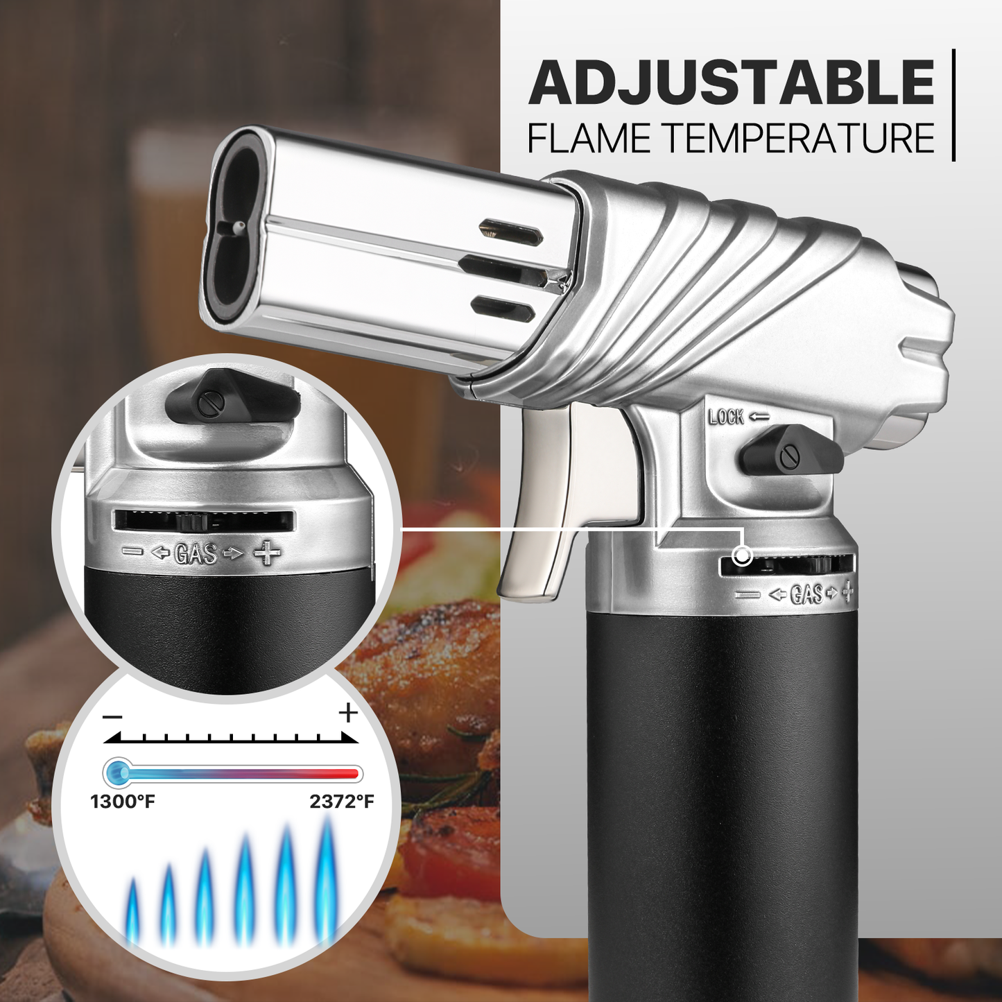 Butane Torch Lighter - Adjustable Flame Length+Safe Lock - w/Continuous Flame Mode