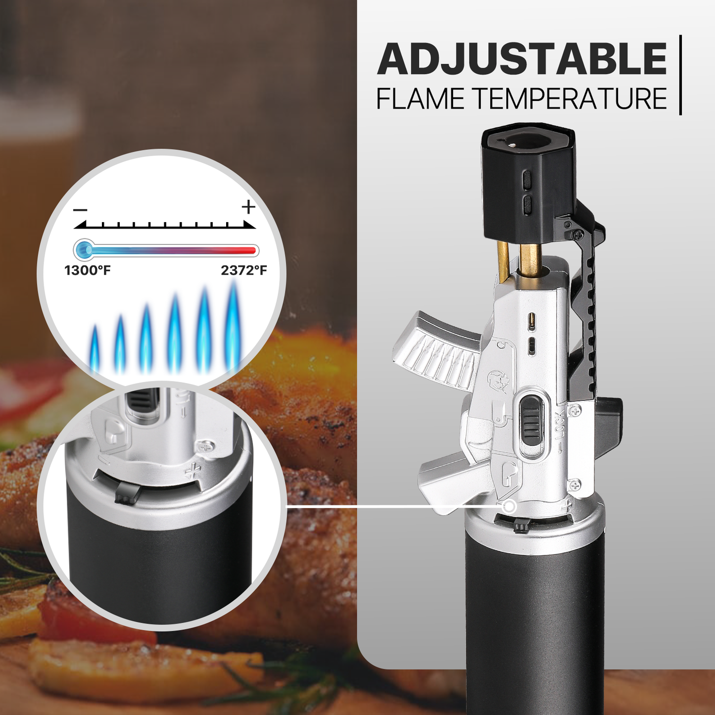 Butane Torch Lighter - Adjustable Flame Length+Safe Lock - w/Continuous Flame Mode