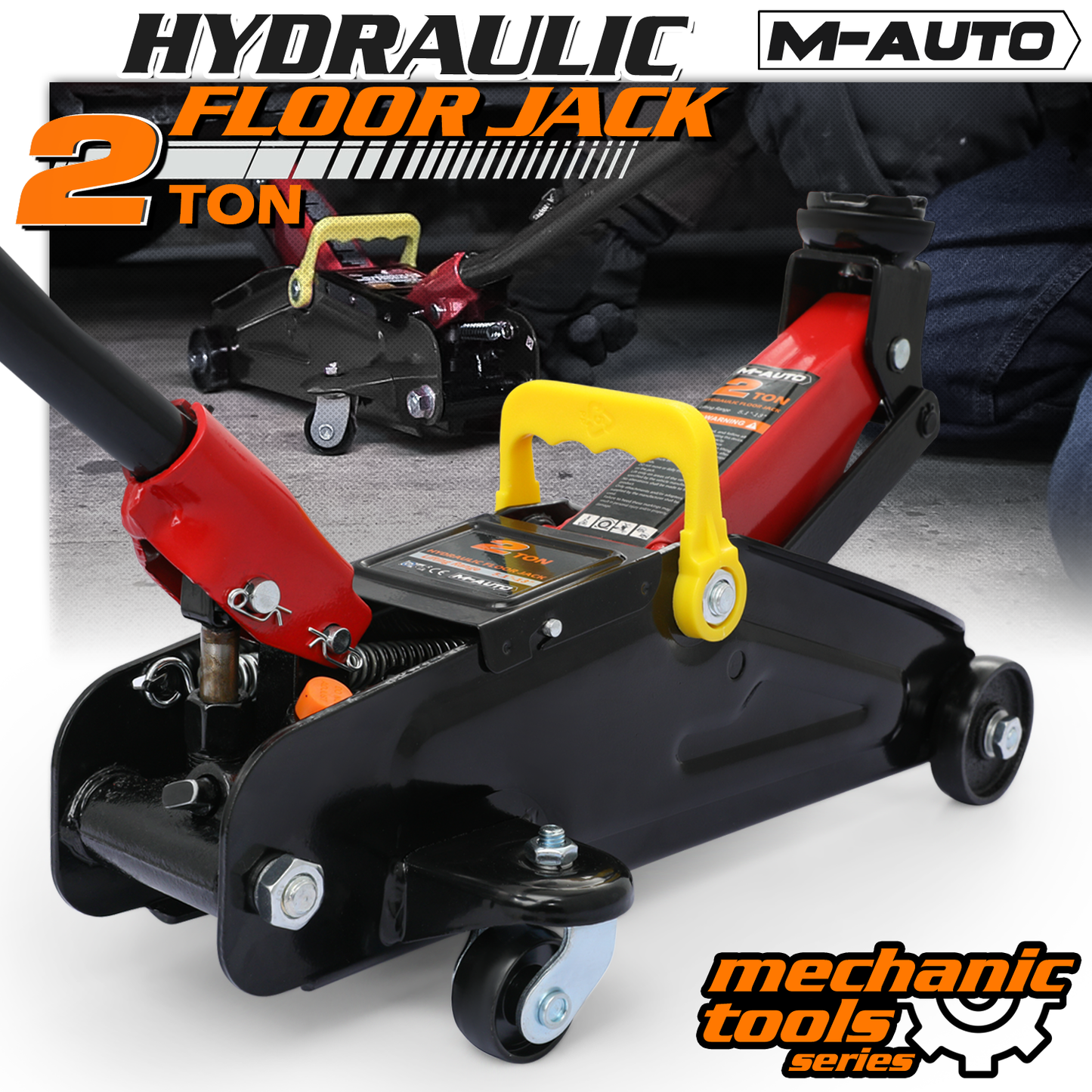 Hydraulic Floor Jack - 2 Ton Load-Bearing - Bulit-in Handle/ 4 Wheels - w/ Case