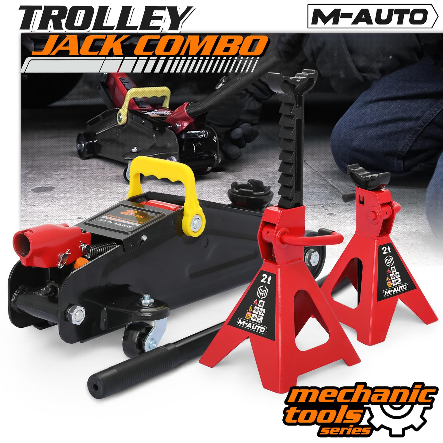 Hydraulic Floor Jack Set - 2 Ton Load-Bearing - 1 Floor Jack, 2 Jack Stands