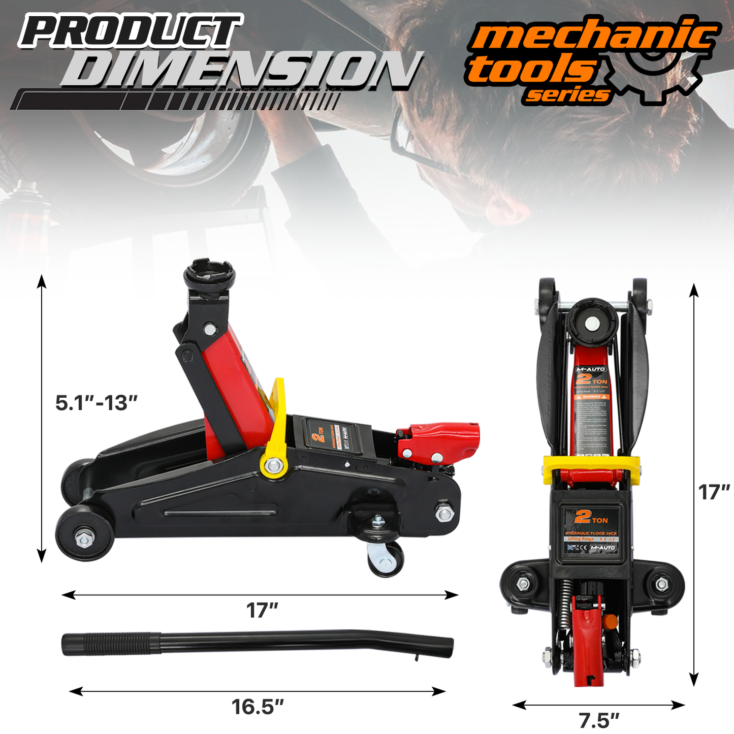 Hydraulic Floor Jack Set - 2 Ton Load-Bearing - 1 Floor Jack, 2 Jack Stands