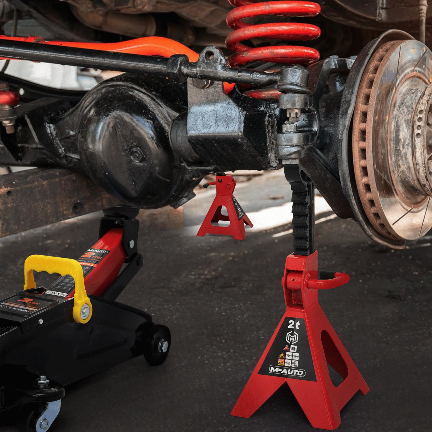 Hydraulic Floor Jack Set - 2 Ton Load-Bearing - 1 Floor Jack, 2 Jack Stands