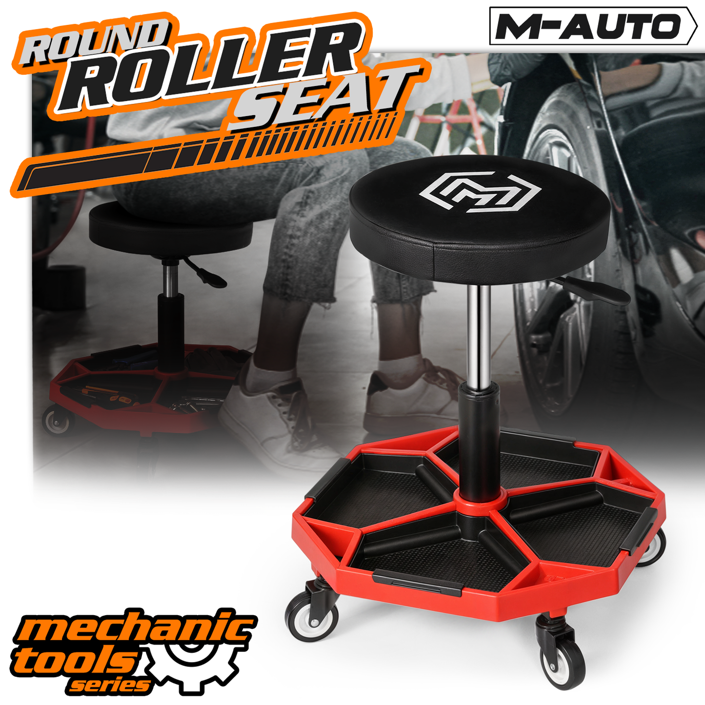 Roller Seat - Round - 16.5-22 in. Adjustable Height - Built-in Tray - Black/Red