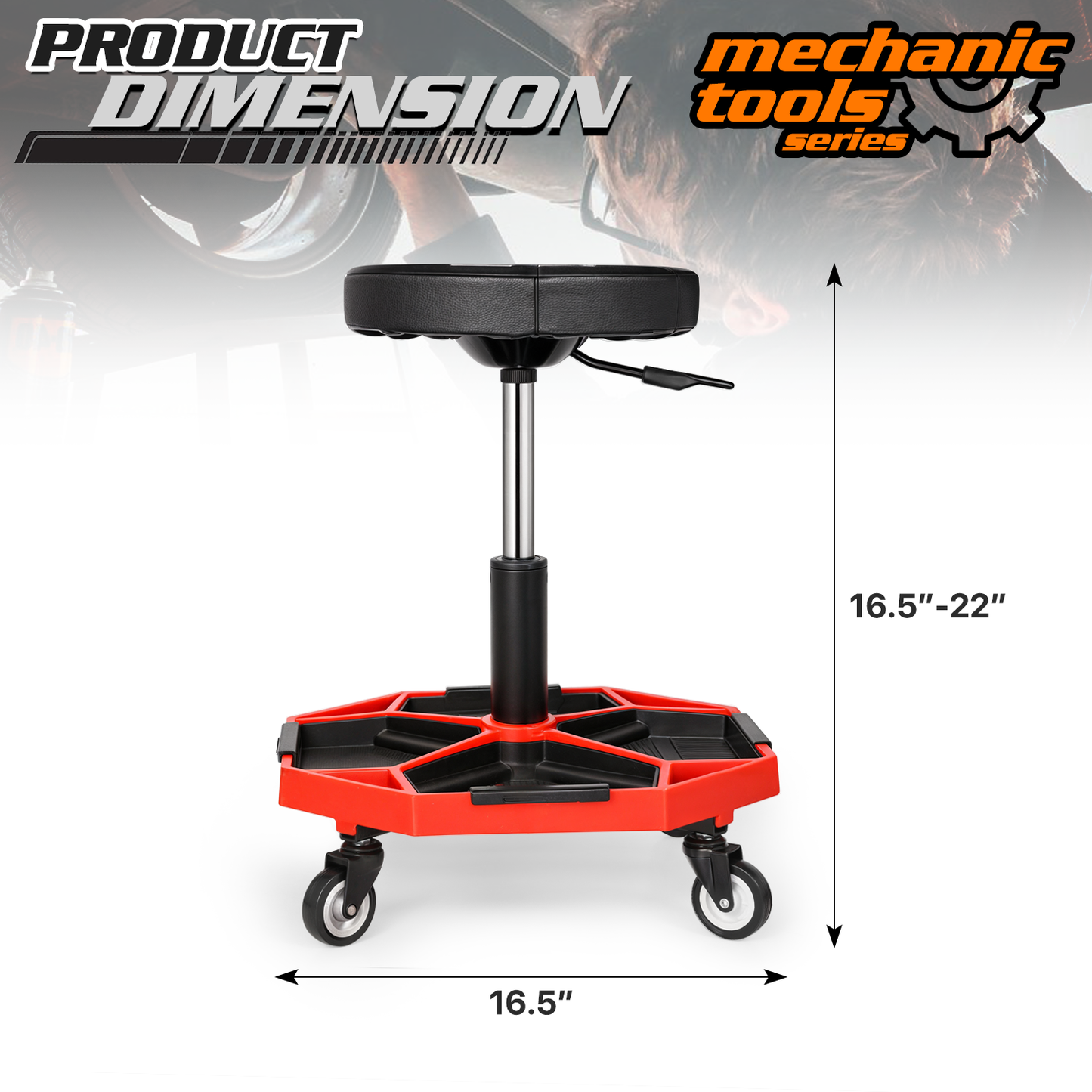 Roller Seat - Round - 16.5-22 in. Adjustable Height - Built-in Tray - Black/Red