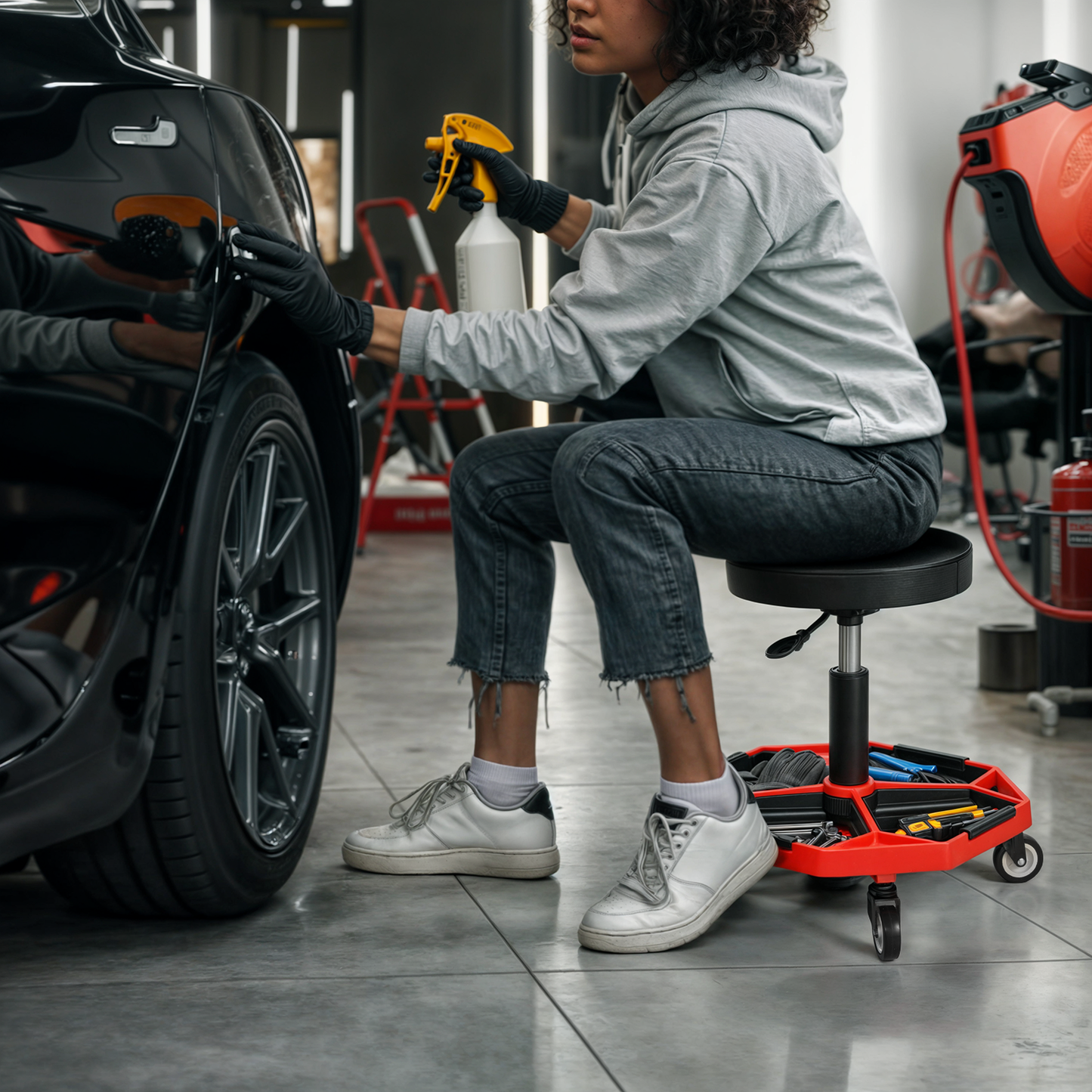 Roller Seat - Round - 16.5-22 in. Adjustable Height - Built-in Tray - Black/Red