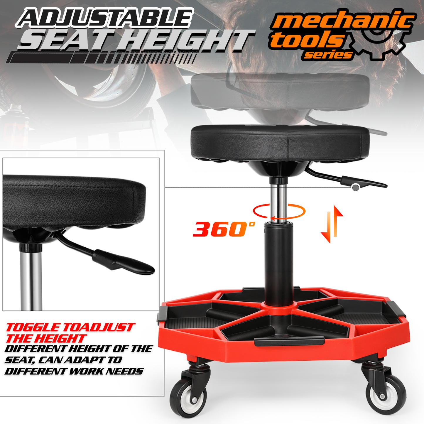 Roller Seat - Round - 16.5-22 in. Adjustable Height - Built-in Tray - Black/Red