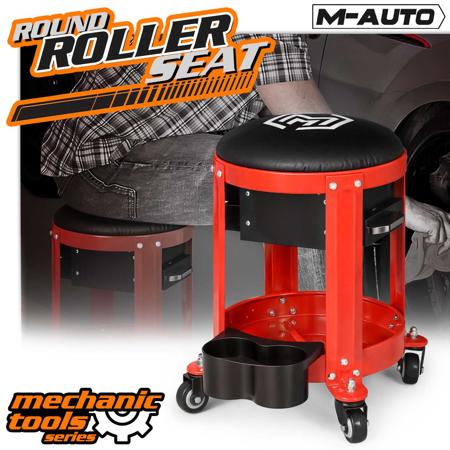 Roller Seat - Round - 16.5 in. Height - Built-in Tray/2 Drawers - Black/Red