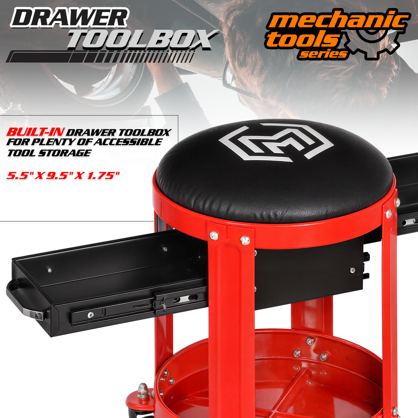 Roller Seat - Round - 16.5 in. Height - Built-in Tray/2 Drawers - Black/Red