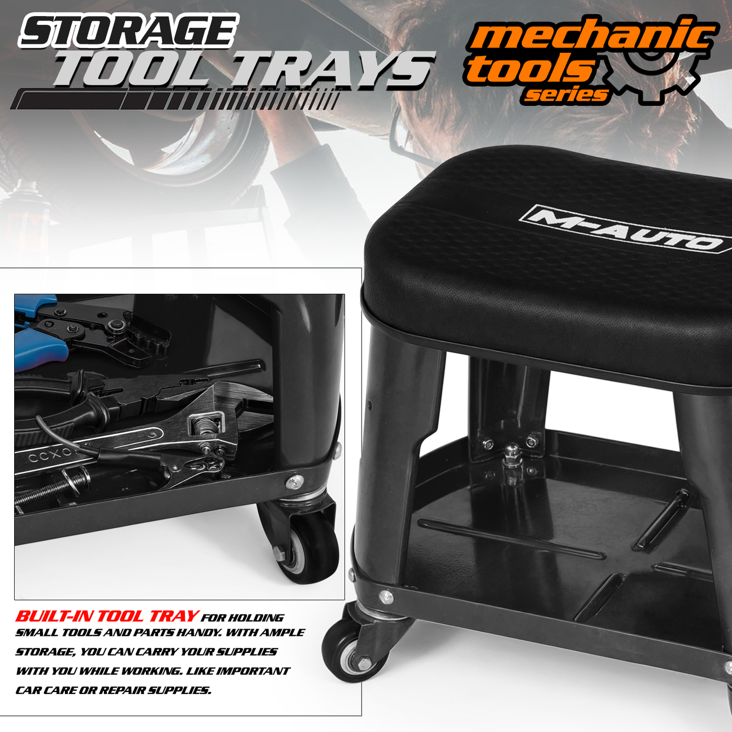 Roller Seat - Rectangular -17 in. L 10.5 in. W 13.5 in. H - Built-in Tray - Black