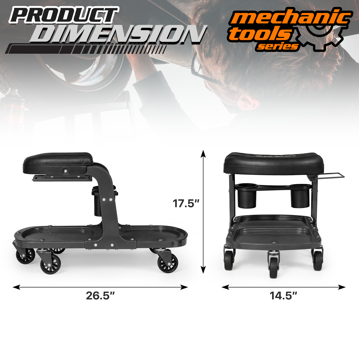 Roller Seat - Rectangular - 26.5 in. L 14.5 in. W 17.5 in. H - Built-in Tray - Black