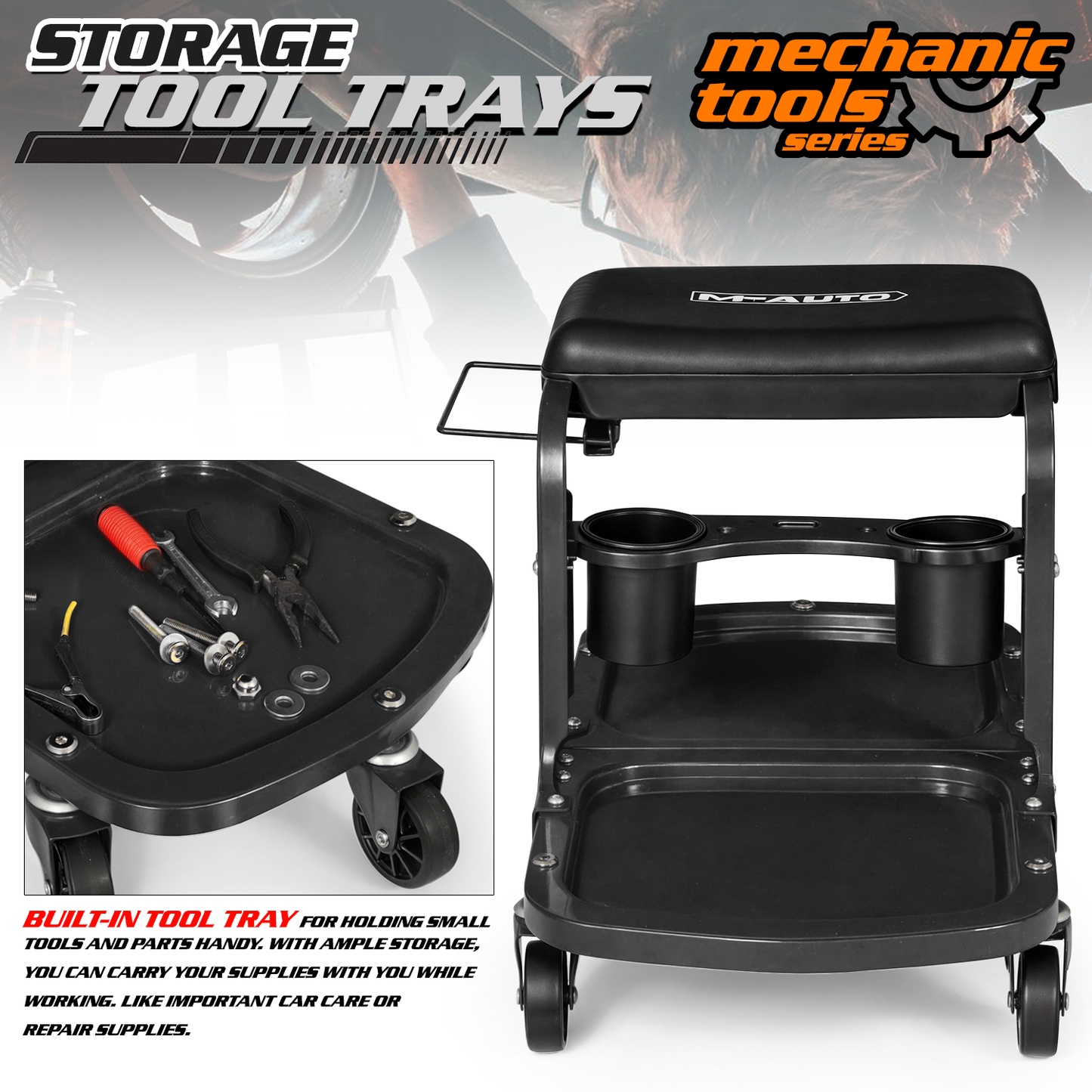 Roller Seat - Rectangular - 26.5 in. L 14.5 in. W 17.5 in. H - Built-in Tray - Black