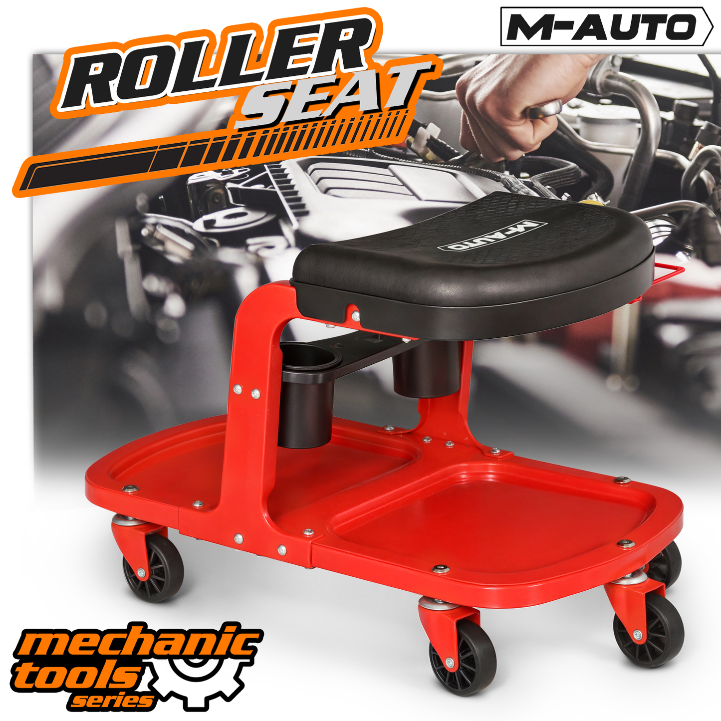 Roller Seat - Rectangular - 26.5 in. L 14.5 in. W 17.5 in. H - Built-in Tray - Black/Red