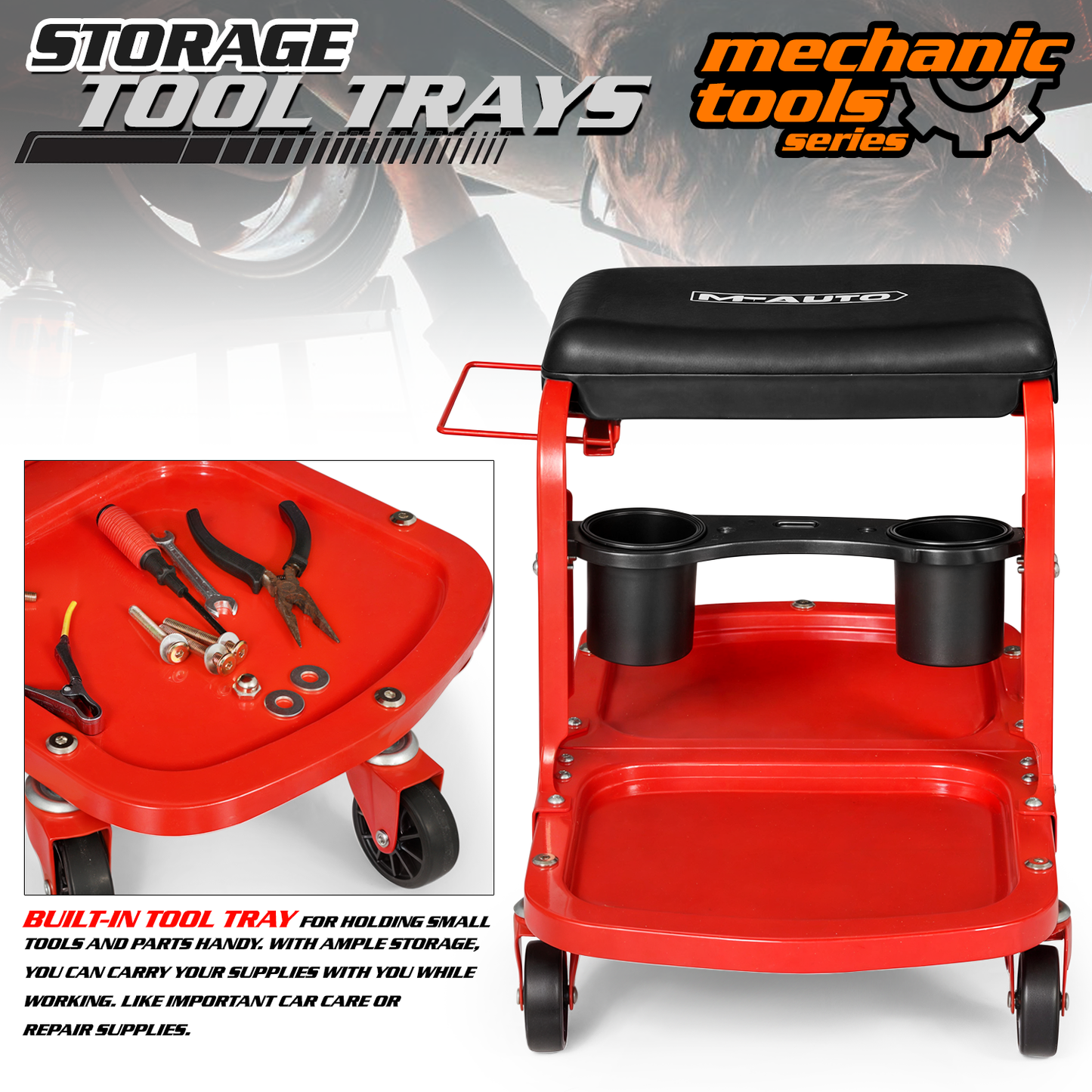 Roller Seat - Rectangular - 26.5 in. L 14.5 in. W 17.5 in. H - Built-in Tray - Black/Red