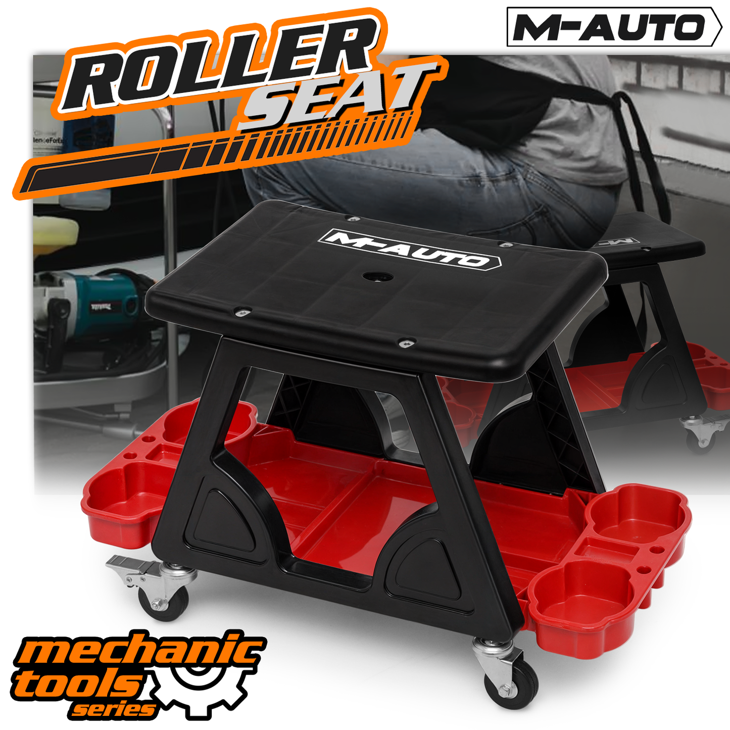 Roller Seat - Rectangular - 23 in. L 11 in. W 14 in. H - Built-in Tray - Black/Red