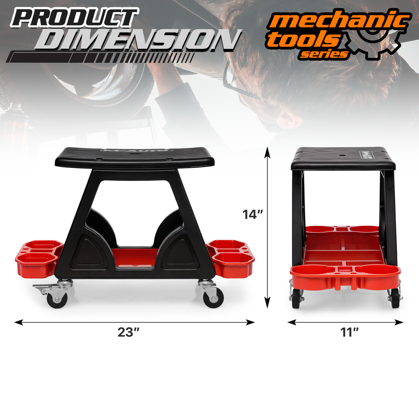 Roller Seat - Rectangular - 23 in. L 11 in. W 14 in. H - Built-in Tray - Black/Red