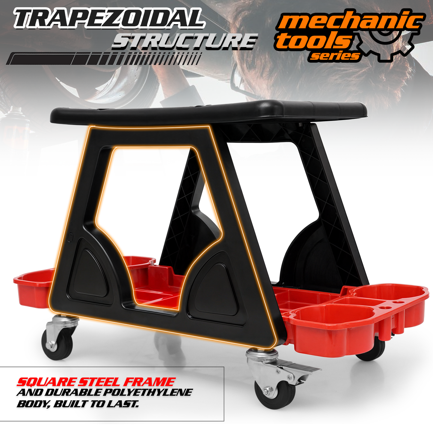 Roller Seat - Rectangular - 23 in. L 11 in. W 14 in. H - Built-in Tray - Black/Red