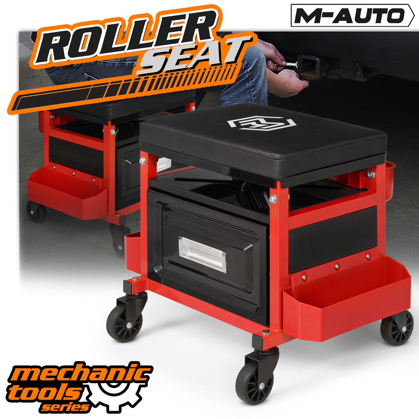 Roller Seat - Rectangular - 23.5 in. L 14.5 in. W 16 in. H - 3 Built-in Tray/1 Drawer - Black/Red
