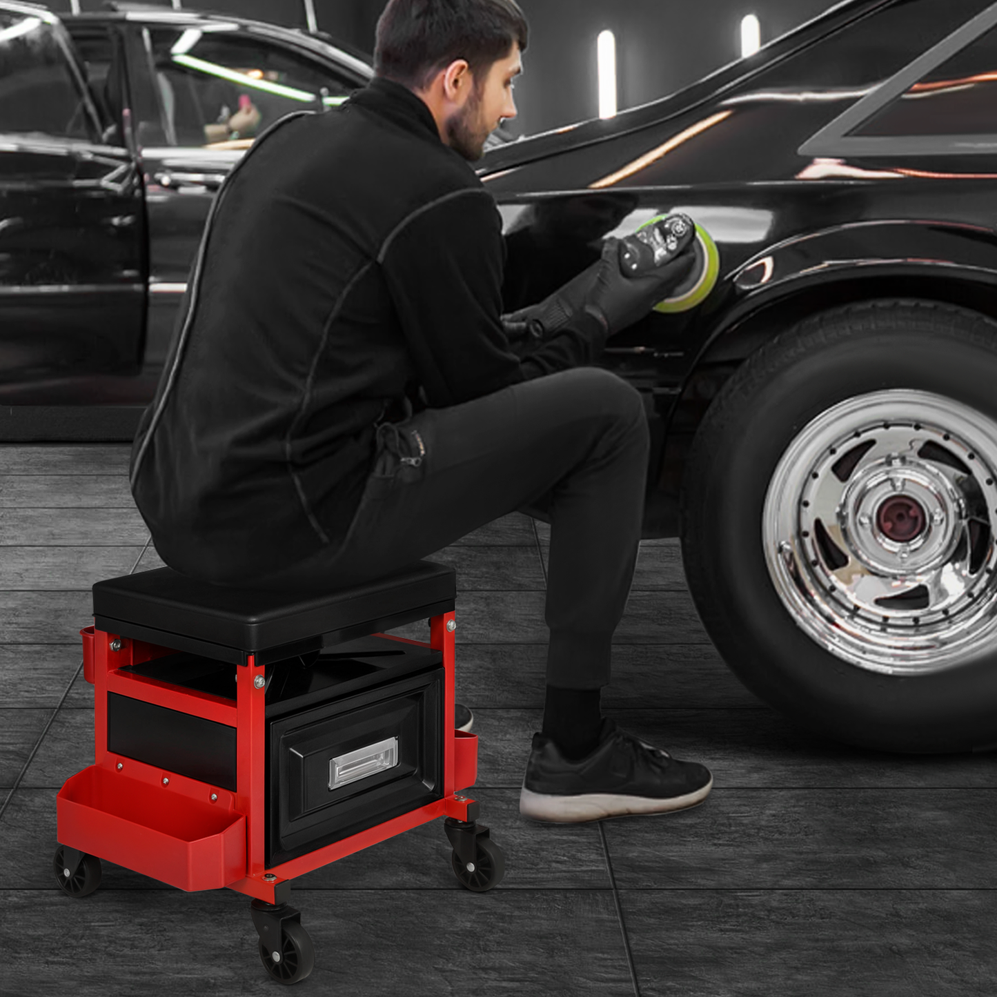 Roller Seat - Rectangular - 23.5 in. L 14.5 in. W 16 in. H - 3 Built-in Tray/1 Drawer - Black/Red