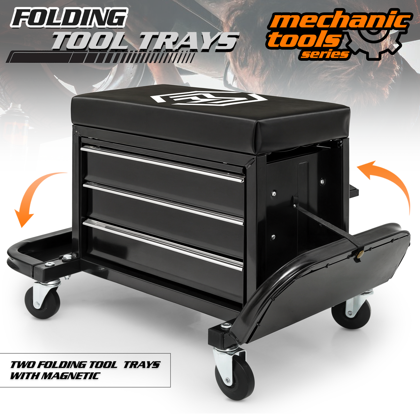 Roller Seat - Rectangular - 27 in. L 14 in. W 16 in. H - 2 Built-in Foldable Tray/3 Drawers - Black