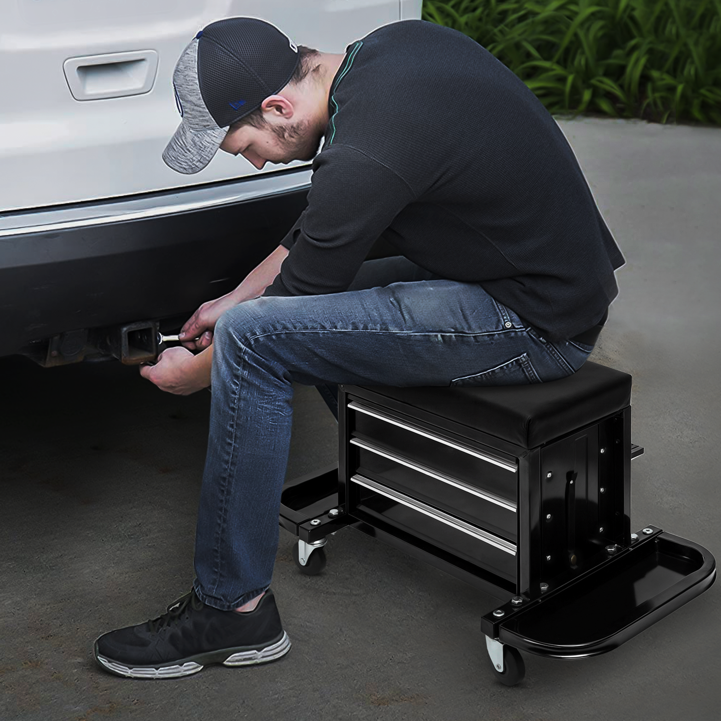Roller Seat - Rectangular - 27 in. L 14 in. W 16 in. H - 2 Built-in Foldable Tray/3 Drawers - Black