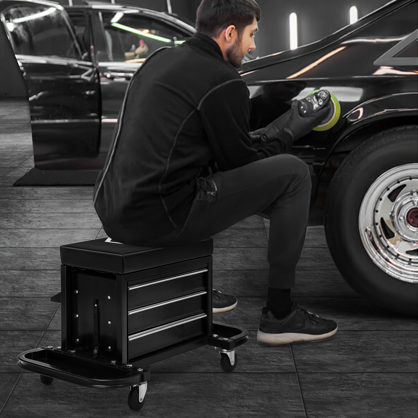 Roller Seat - Rectangular - 27 in. L 14 in. W 16 in. H - 2 Built-in Foldable Tray/3 Drawers - Black
