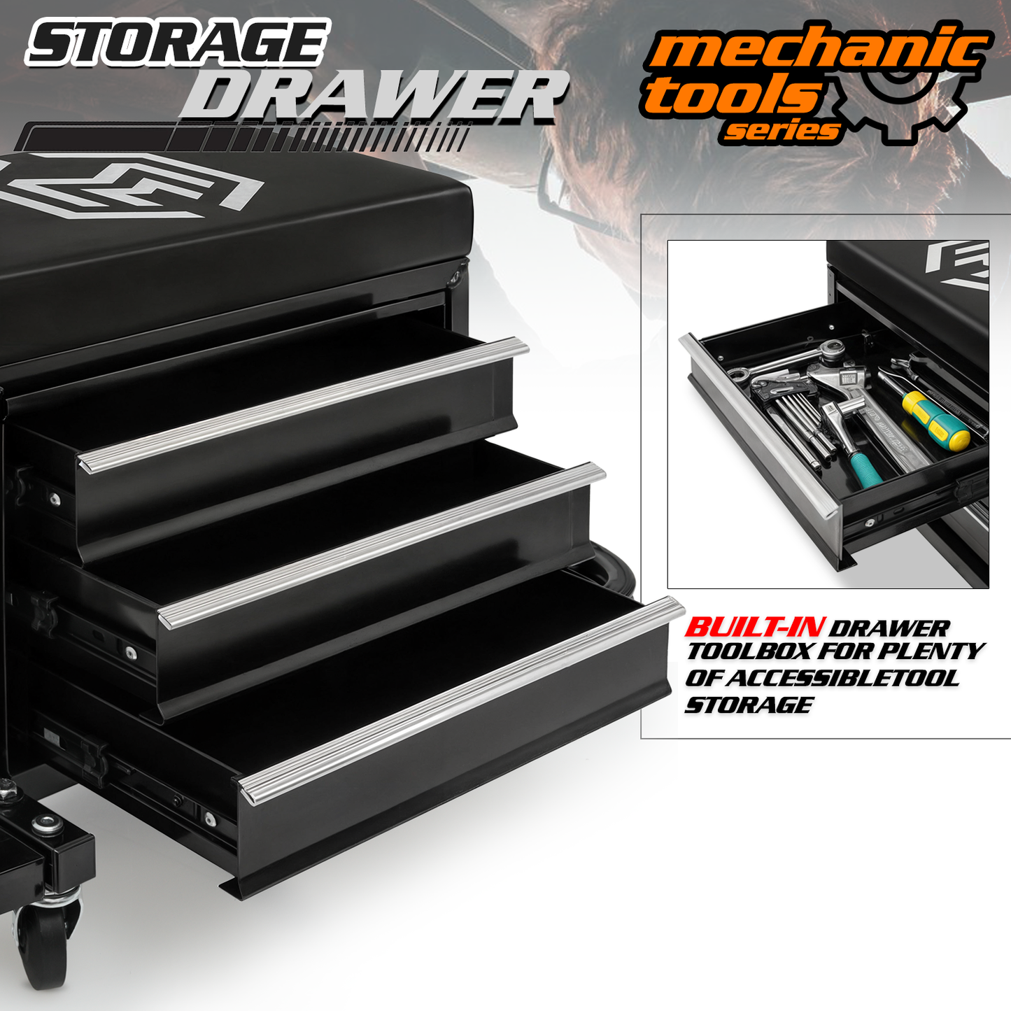 Roller Seat - Rectangular - 27 in. L 14 in. W 16 in. H - 2 Built-in Foldable Tray/3 Drawers - Black